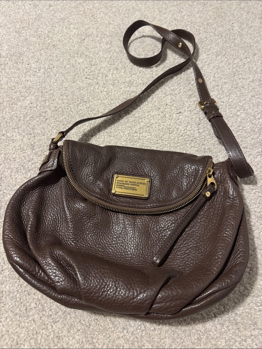 Marc By Marc Jacobs Dark Brown Pebbled Leather Crossbody with Gold Plaque